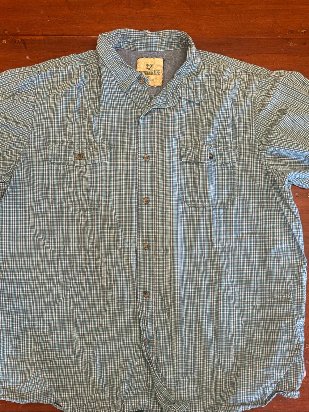 Outdoor Life Green and Blue Plaid Short-Sleeve Button-Up Shirt